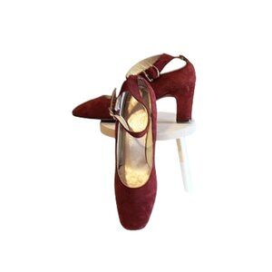 1960s Vintage Burgundy Suede Ankle Strap Shoes With High Heels Small 5 1/2